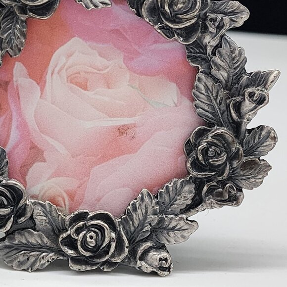 Vintage Pewter Picture Frame Round Rose Design Decorative Tabletop Display - Picture 3 of 11